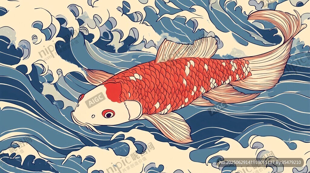 锦鲤游于翻涌海浪间