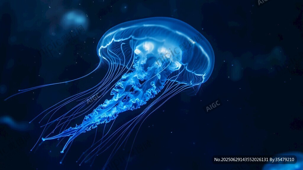 梦幻蓝水母在深海游动