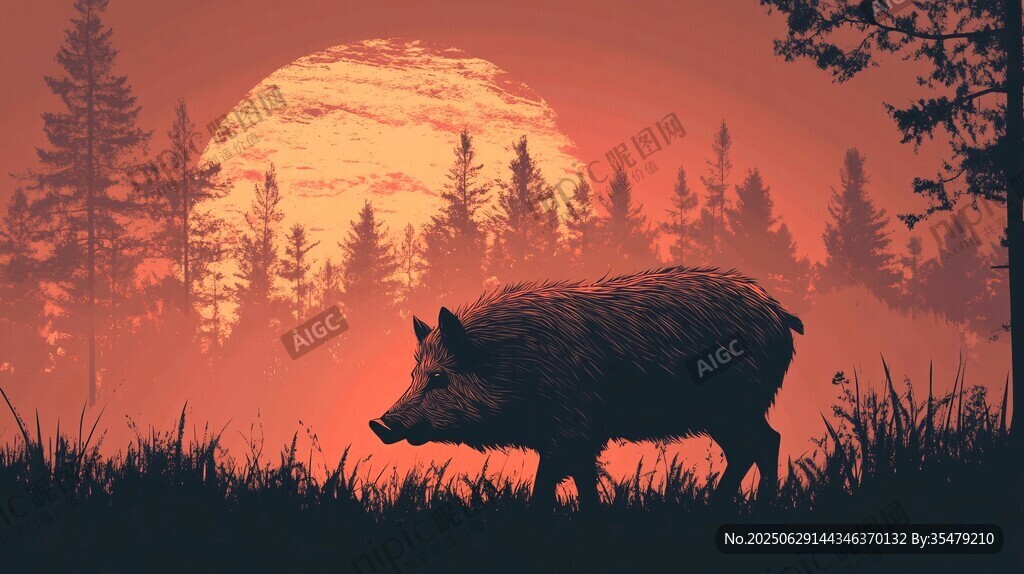 黄昏中漫步的野猪森林美景