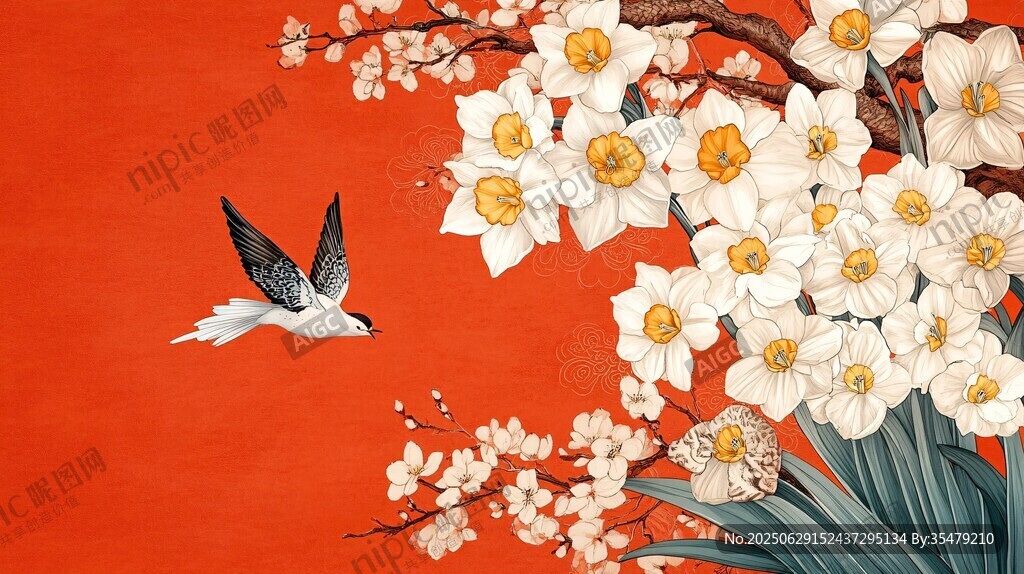 红底花鸟图 春景添诗意