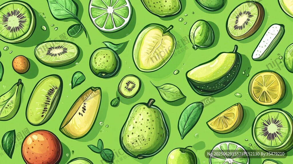 清新绿调多彩水果插画