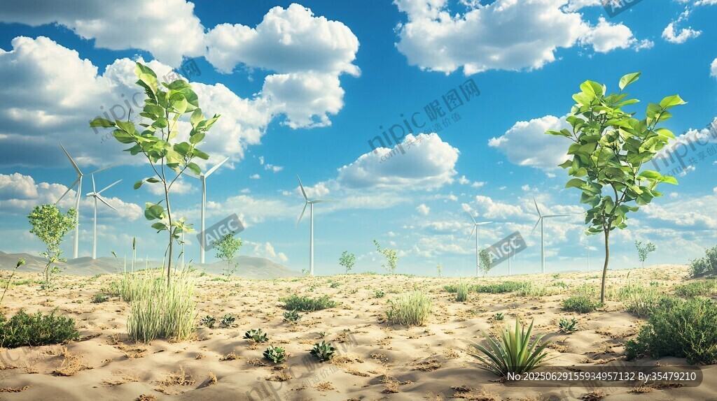蓝天沙地间的生机与风力设施