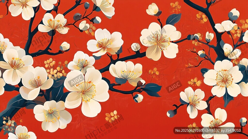 红底白梅中式花卉图案