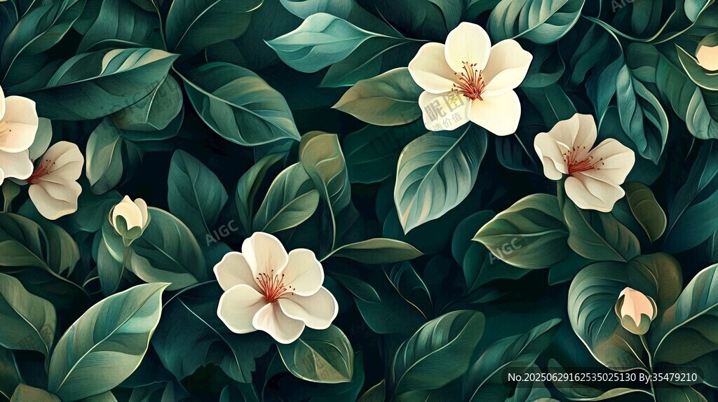 绿叶白花的唯美花卉图案