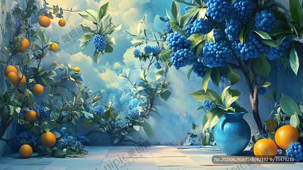 梦幻蓝调水果花卉静物画