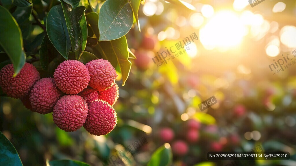 夕阳下枝头的饱满红荔枝