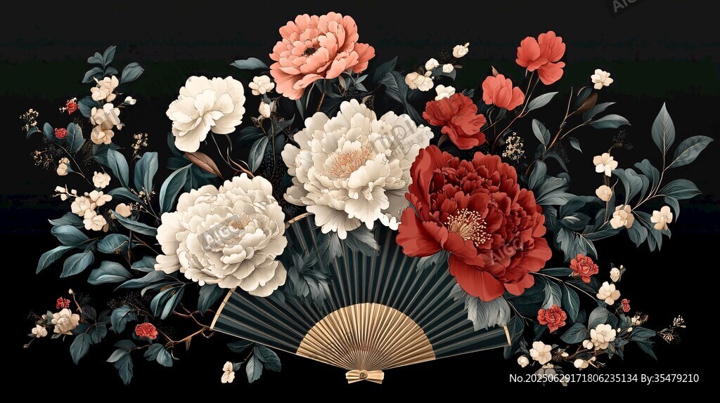 中式折扇花卉精美插画