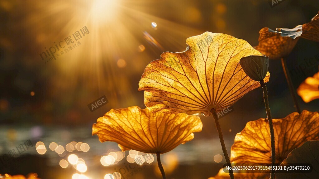 夕阳下的金色荷叶美景