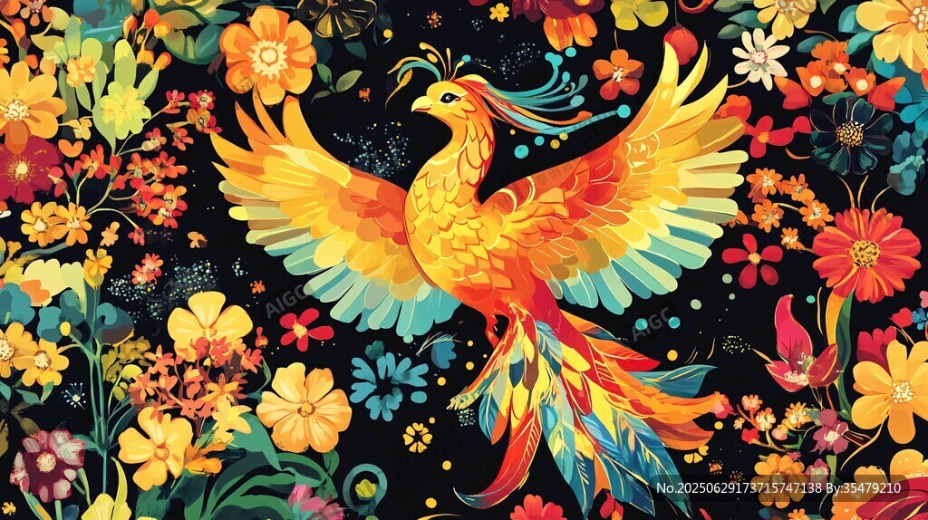 凤凰于繁花中展翅飞舞