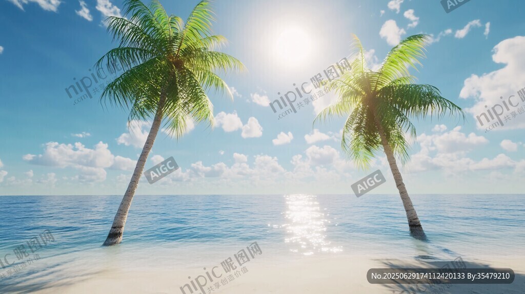 阳光沙滩双椰树美景