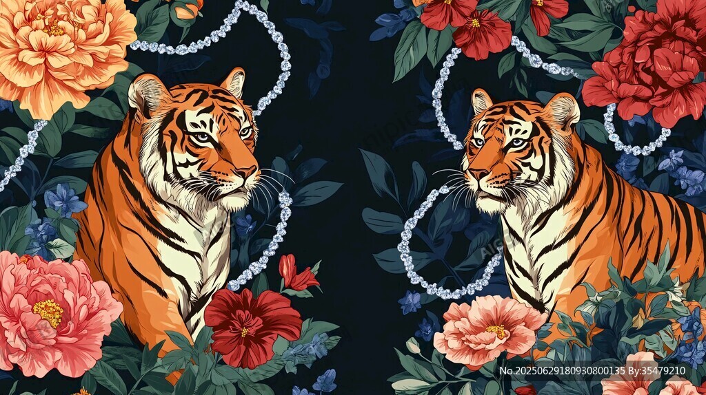 双虎伴繁花珠宝图案设计