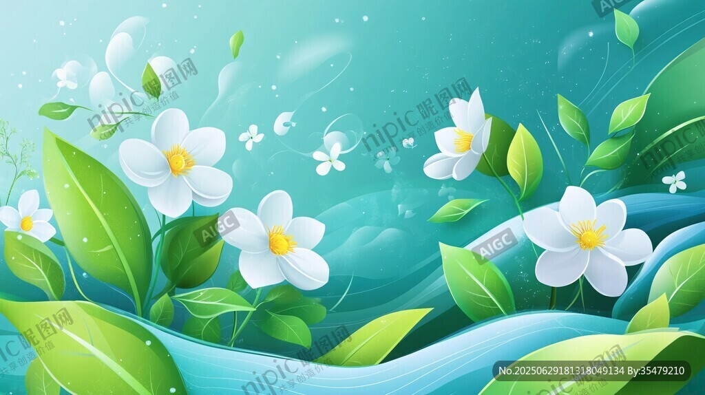 清新花卉绿叶梦幻插画