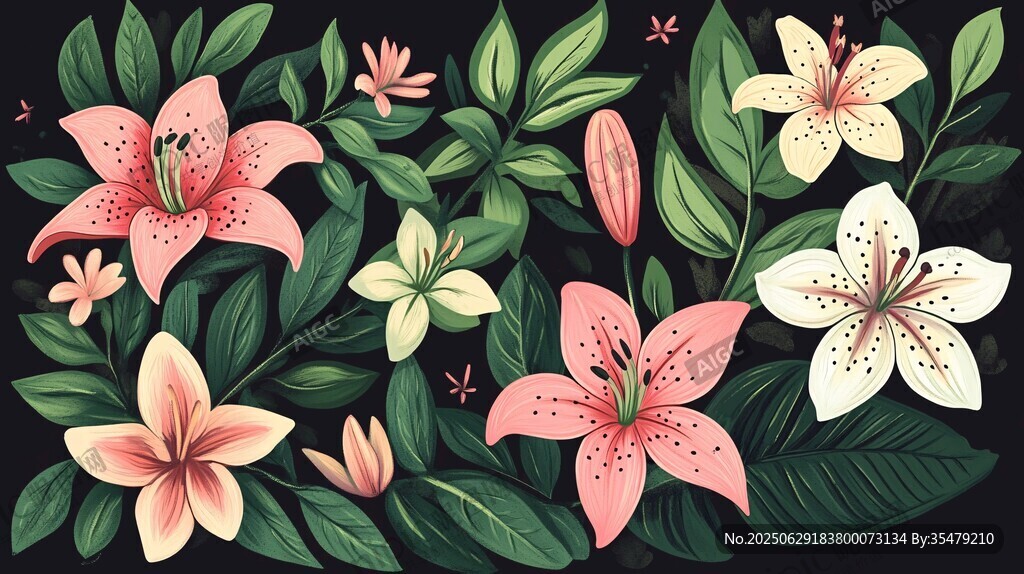 梦幻百合花卉插画图案