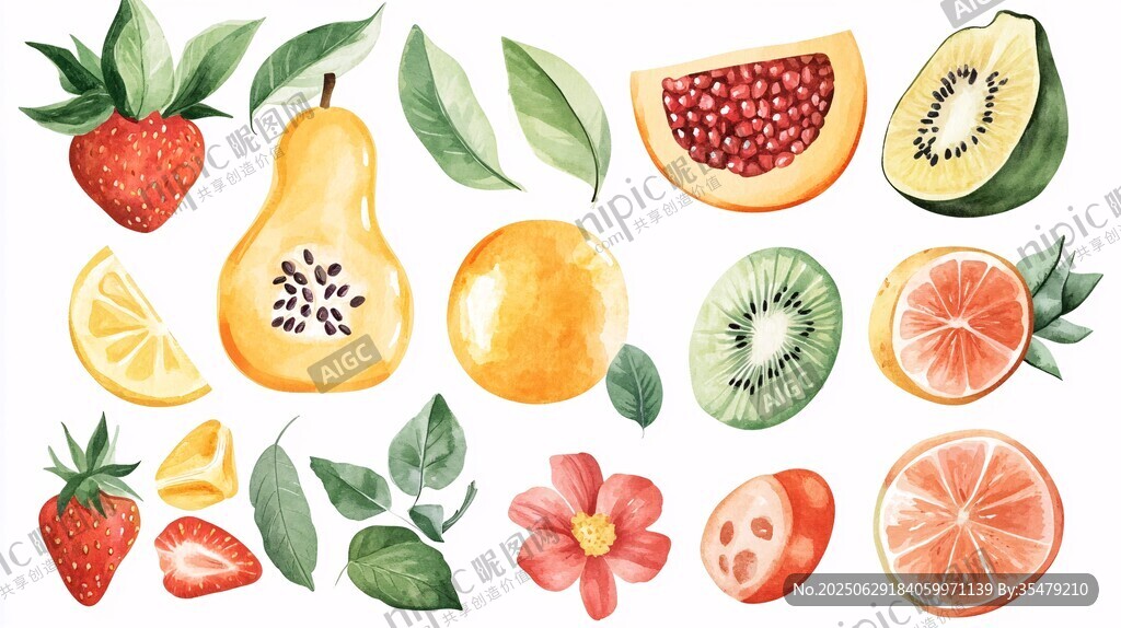 水彩绘多彩新鲜水果集合
