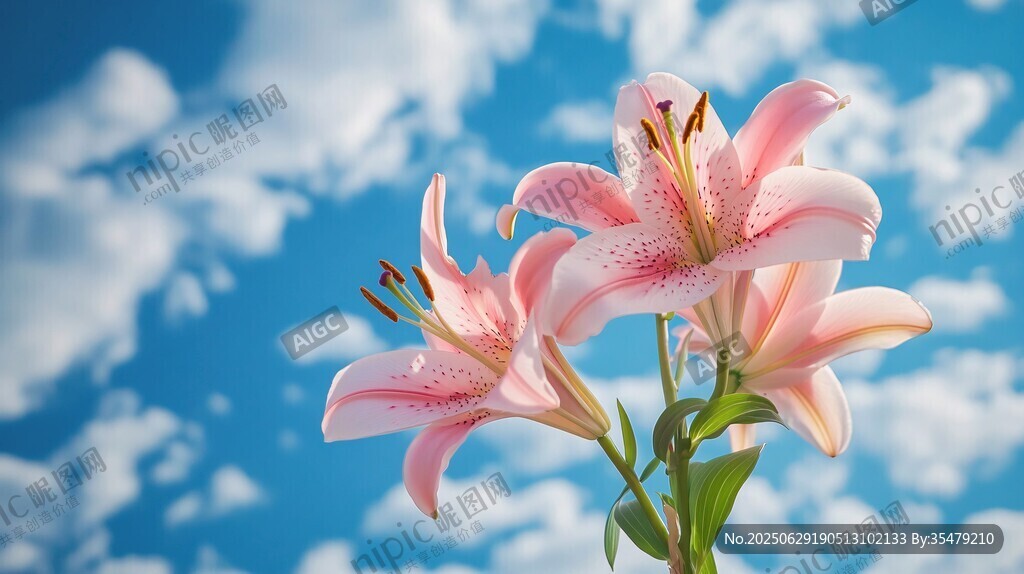 蓝天粉百合绽放美景