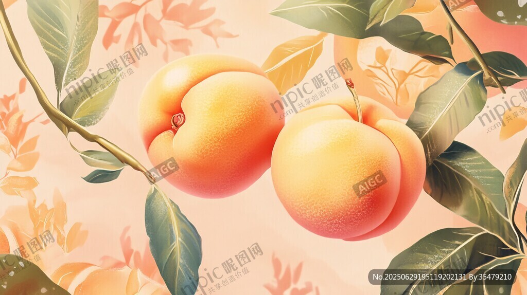枝头双桃 花叶相伴