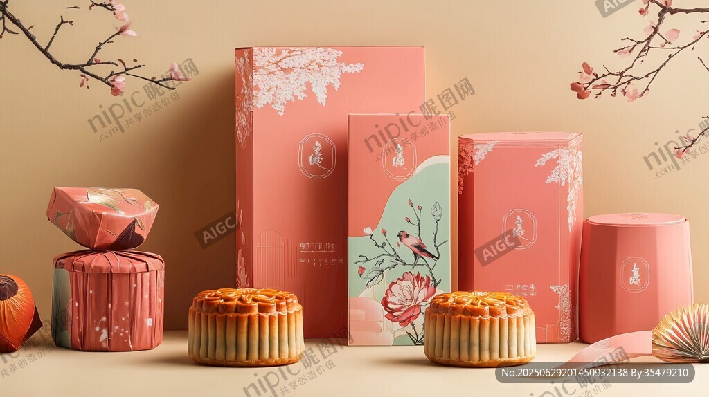 中式粉色系月饼礼盒展示