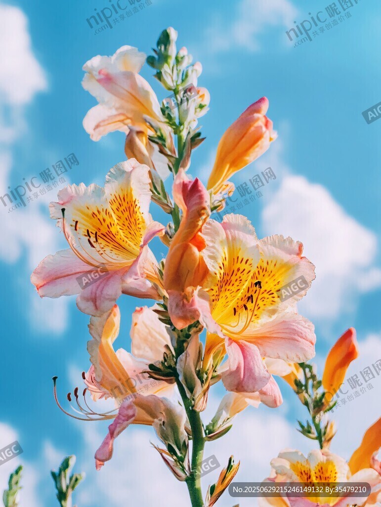 蓝天映衬下的柔美绽放花朵
