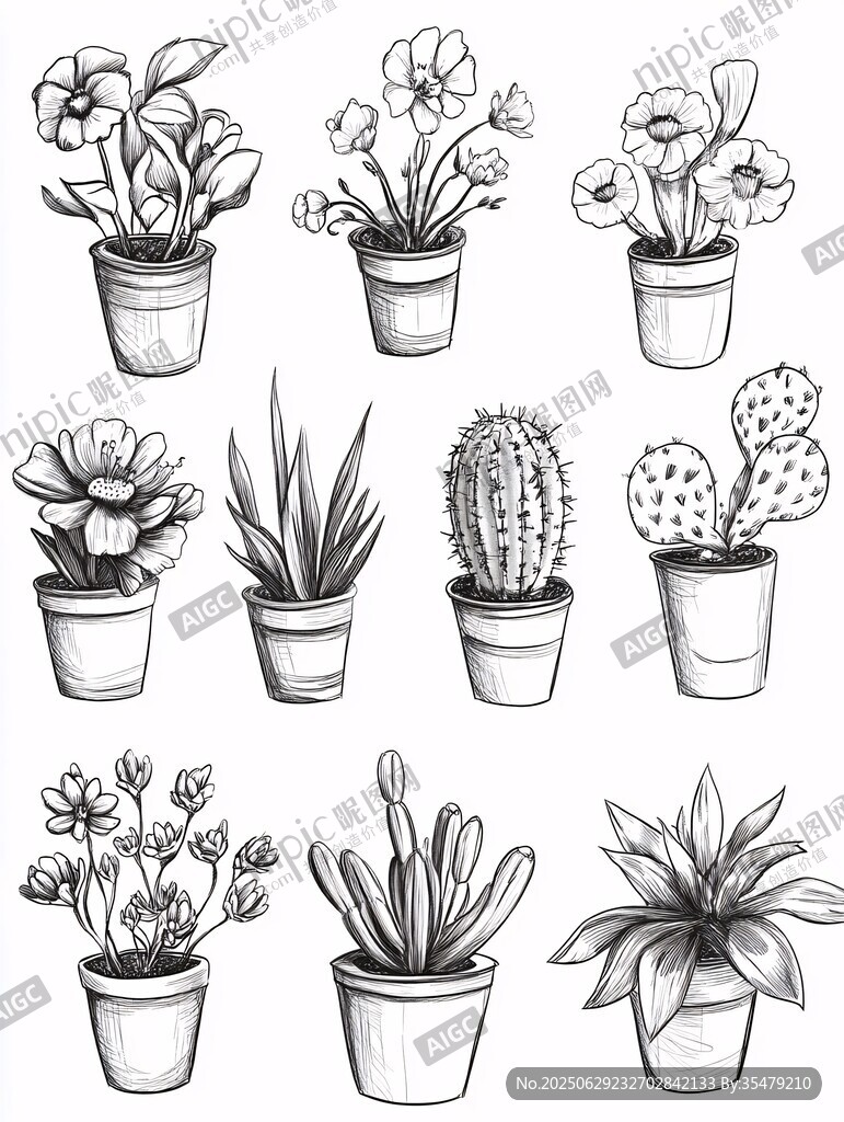 手绘盆栽植物插画集合
