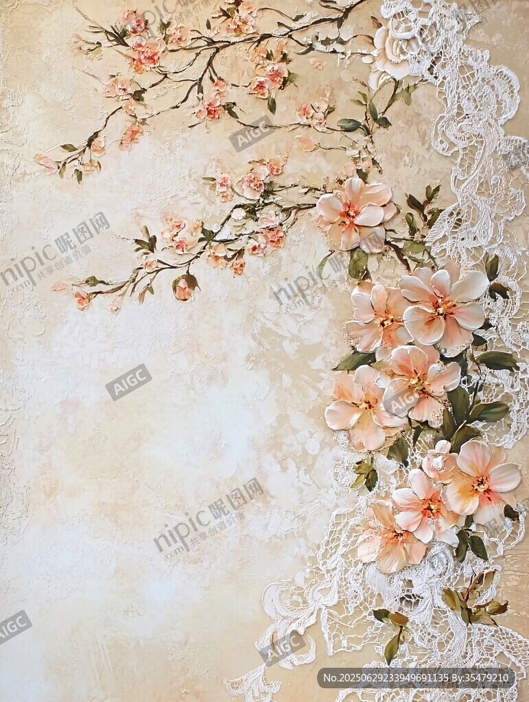 蕾丝边的春日花卉图案