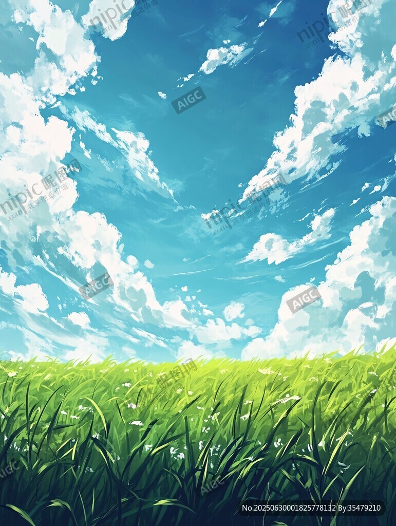 梦幻蓝天绿草地风景图