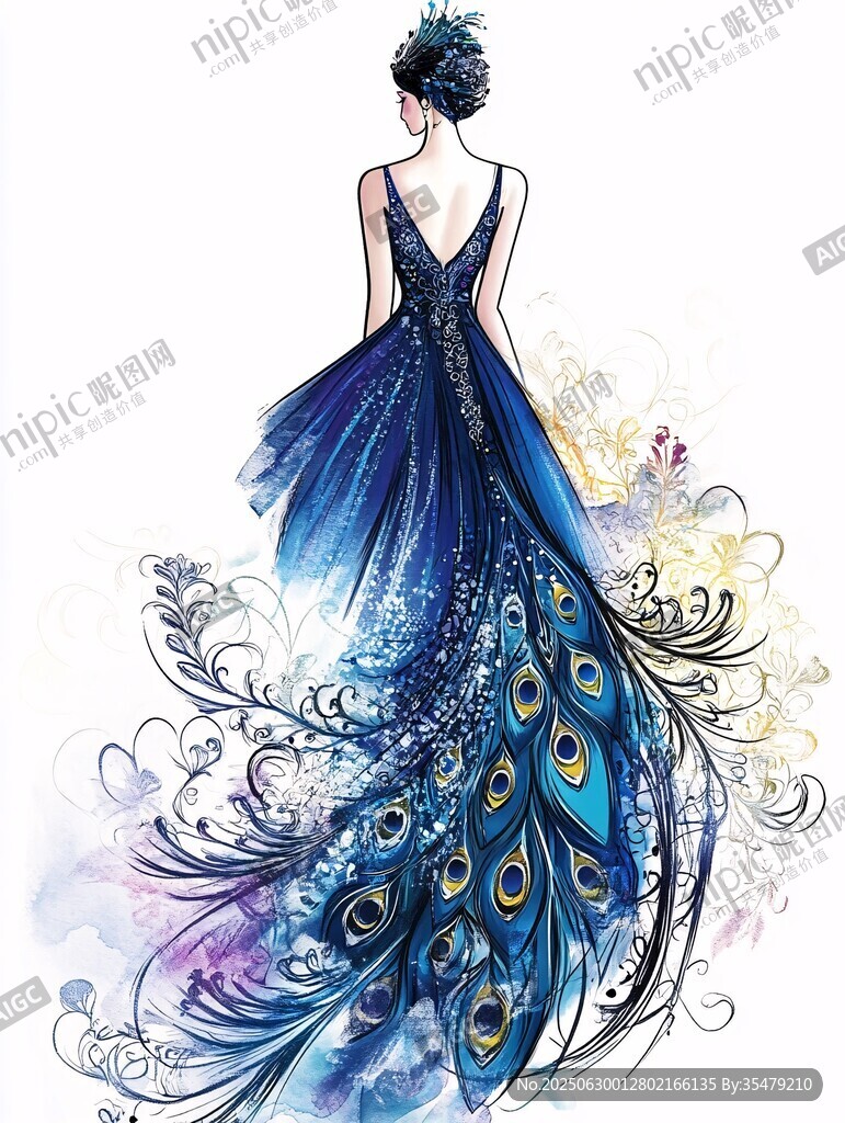 梦幻孔雀元素晚礼服设计图