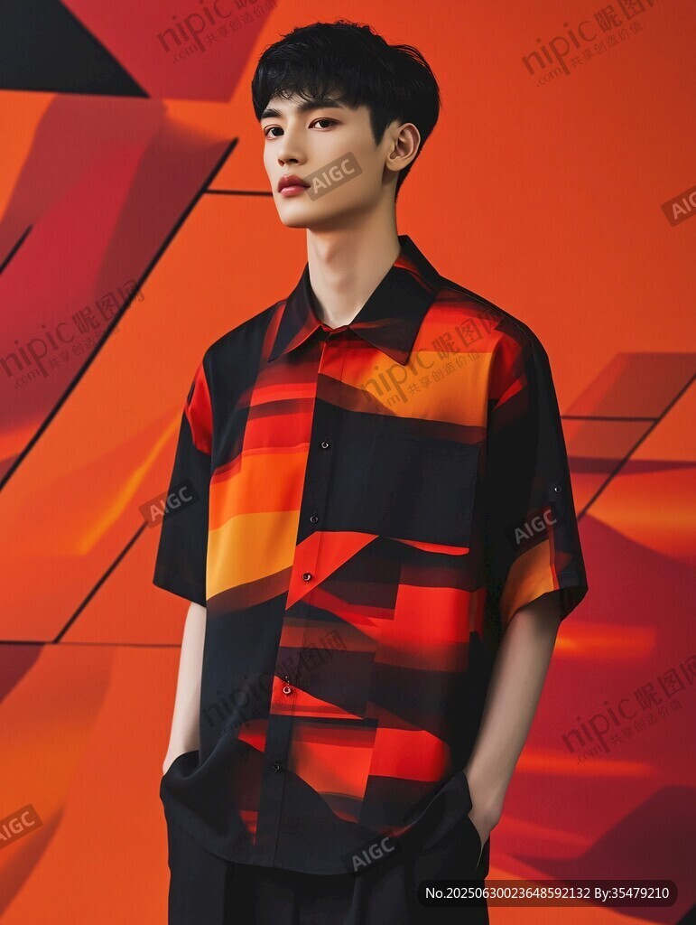 时尚男士身着个性拼色衬衫