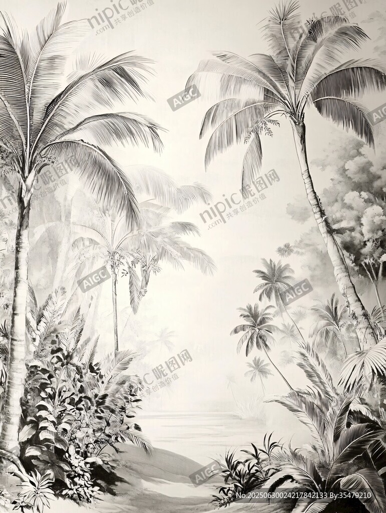 热带风光黑白插画