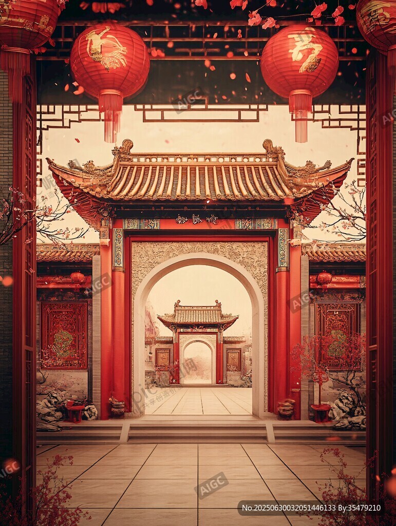 中式庭院红灯笼喜庆景象