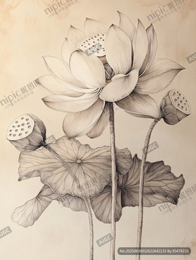 水墨风莲花素描画
