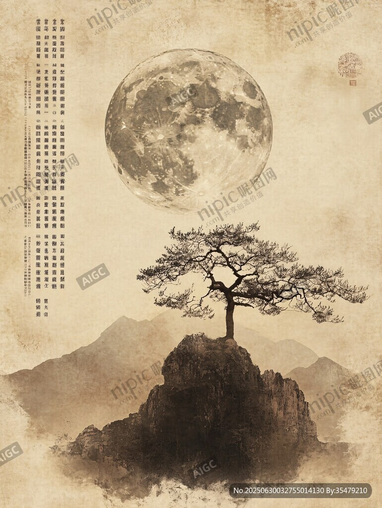 月下孤松绘中式山水意境