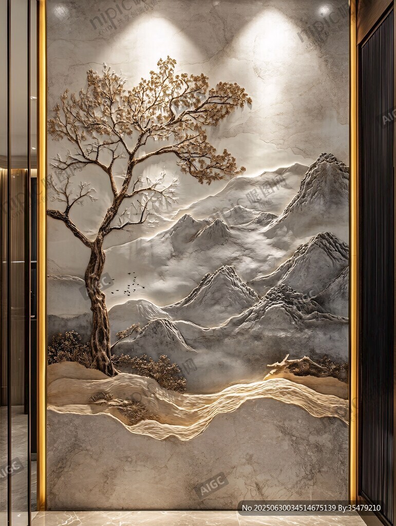 中式山水树纹玄关装饰画