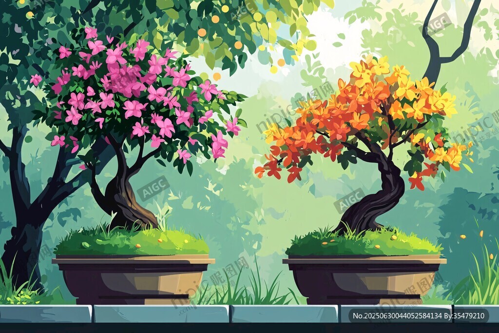 双株盆景绽于绿意之间