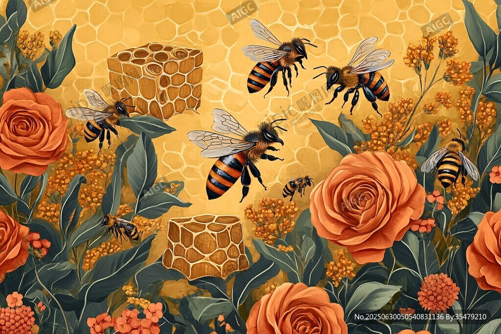 蜜蜂花丛间采蜜插画