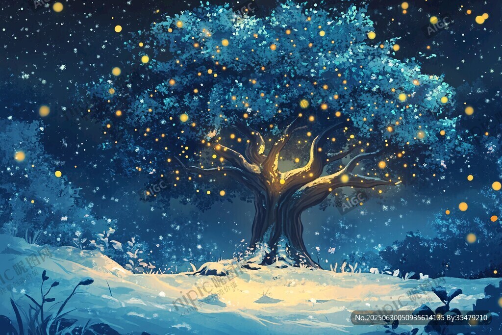 梦幻夜雪树与飞舞萤火虫