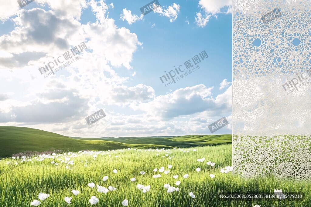 绿野蓝天白花自然美景