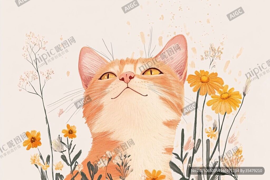 橘猫在花丛中惬意微笑