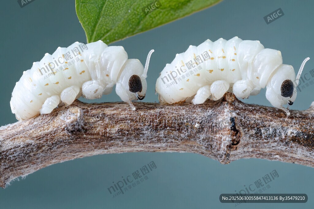 树枝上的两只白色蚕宝宝