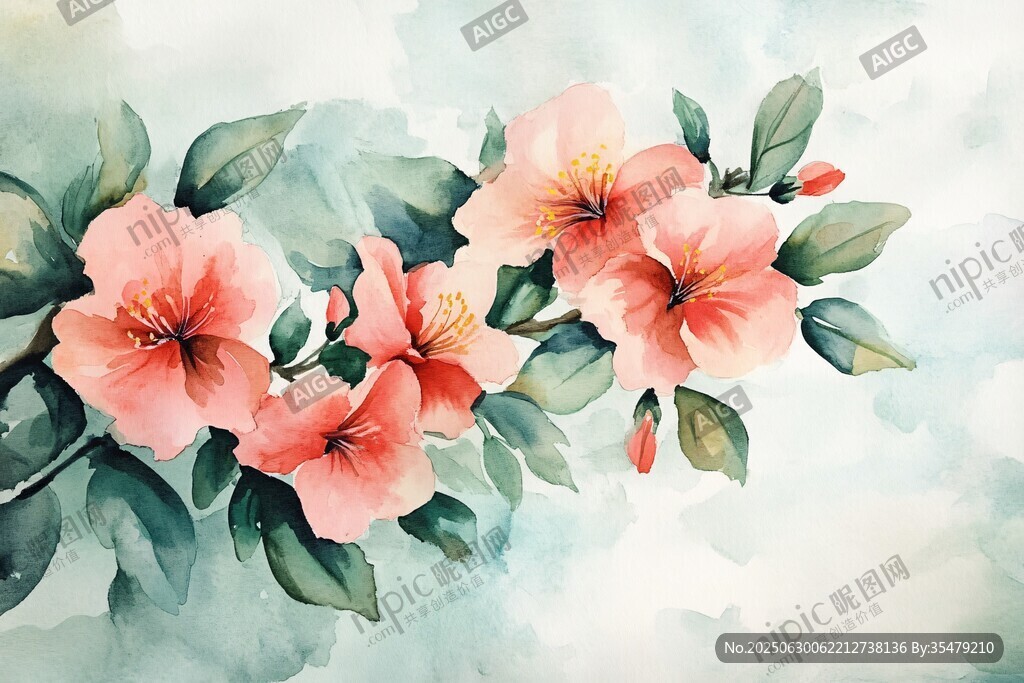 水彩绘粉色花卉枝头绽放