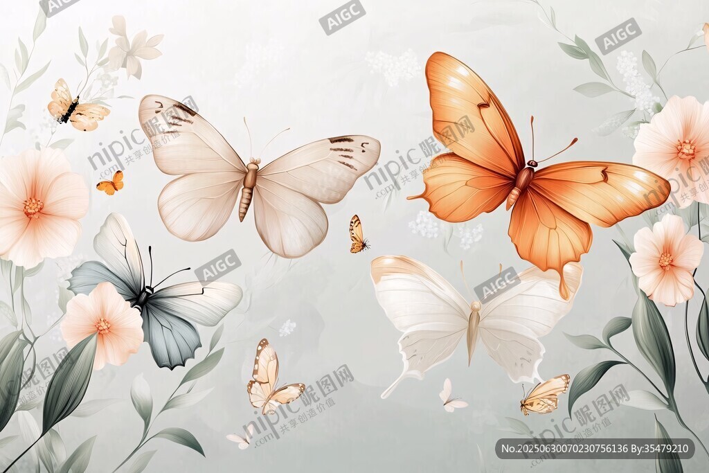 梦幻蝴蝶与花卉插画