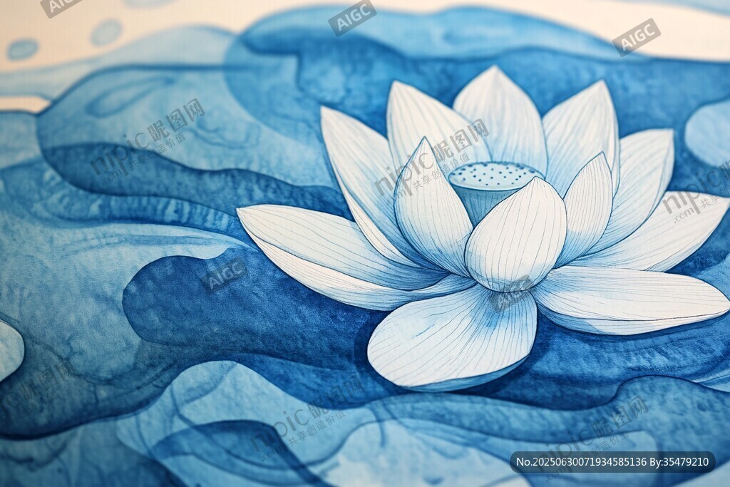 蓝调水墨风盛开的白莲花