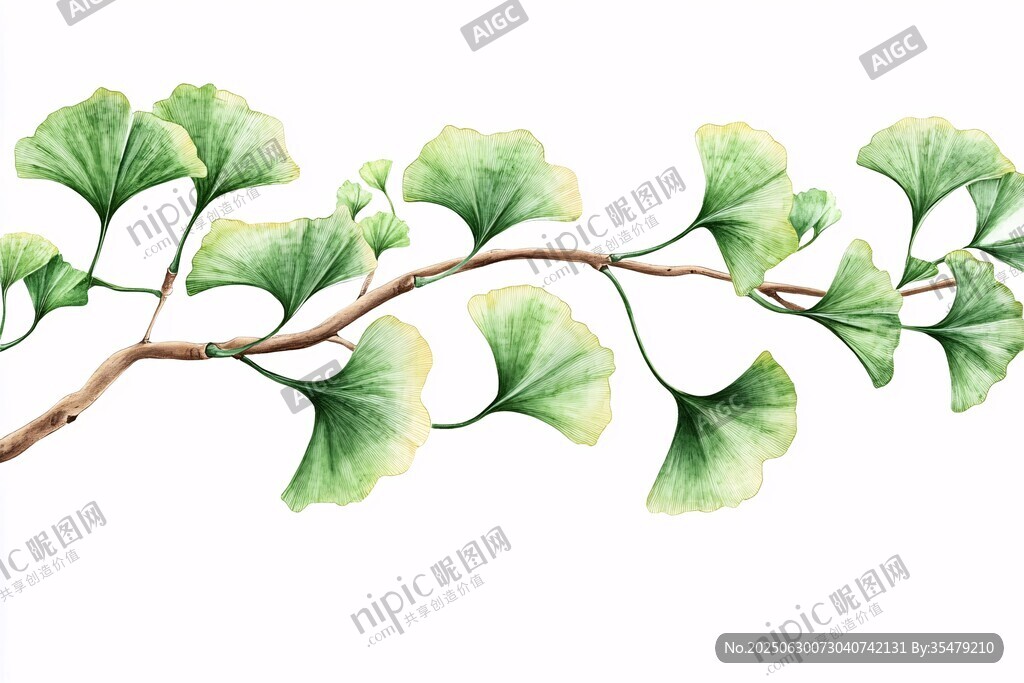 银杏枝叶水彩画