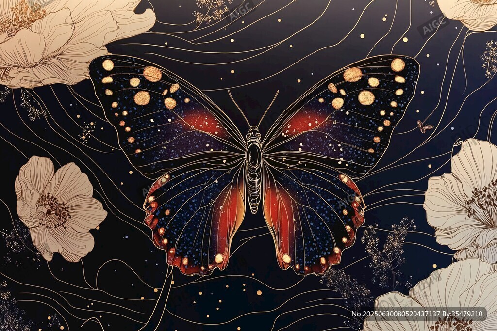 梦幻星空蝴蝶与花卉图景