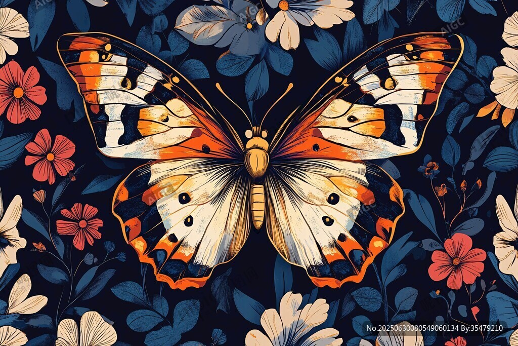 蝴蝶繁花图案插画
