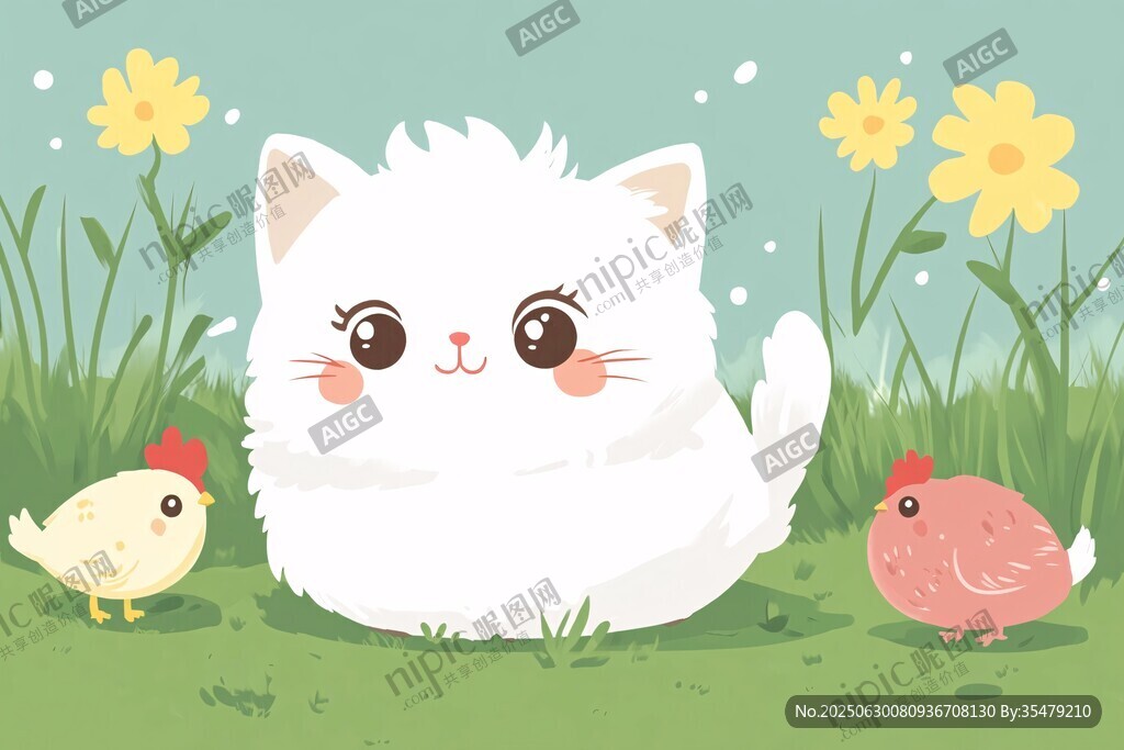 草地上的猫咪与小鸡