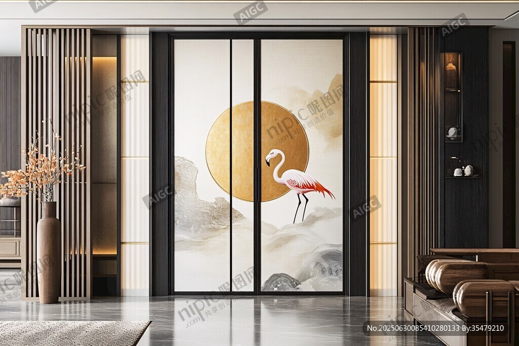 新中式风格优雅火烈鸟移门