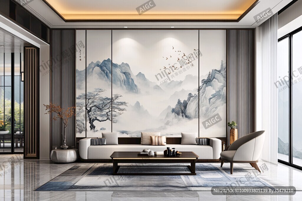 中式客厅山水背景墙设计
