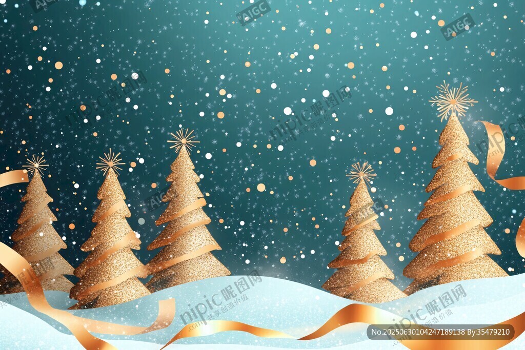 金色圣诞树雪景圣诞背景