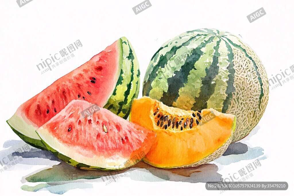 水彩绘西瓜甜瓜静物图
