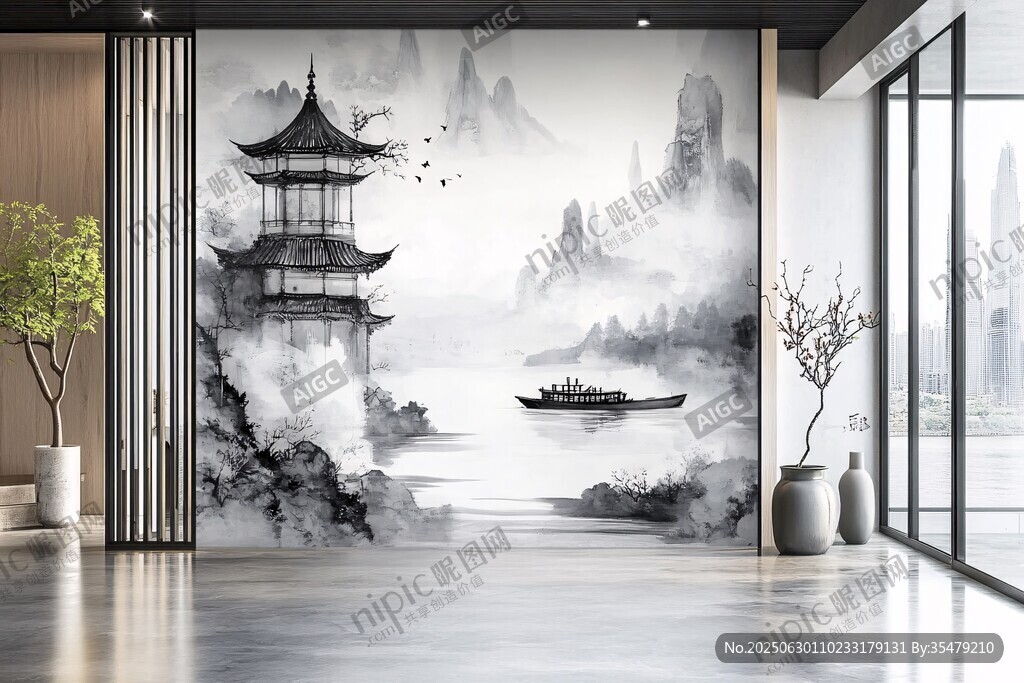中式水墨风客厅山水壁画
